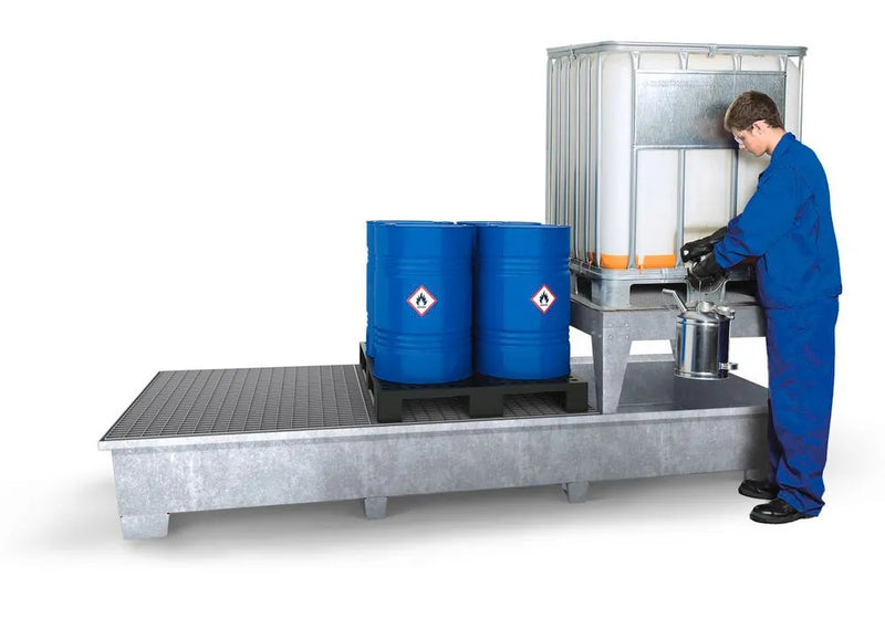Gray Spill Pallet Classic-Line In Steel For 3 IBCs, Galvanised, 1 Dispensing Platform and 2 Grids