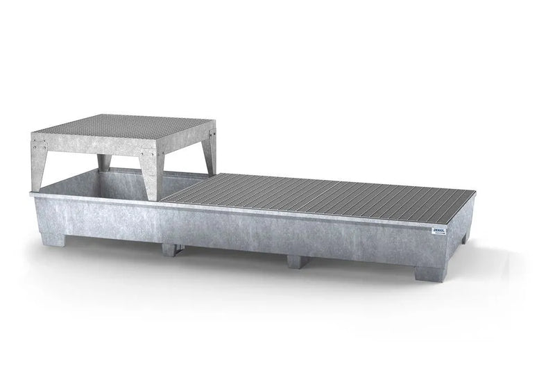 Gray Spill Pallet Classic-Line In Steel For 3 IBCs, Galvanised, 1 Dispensing Platform and 2 Grids