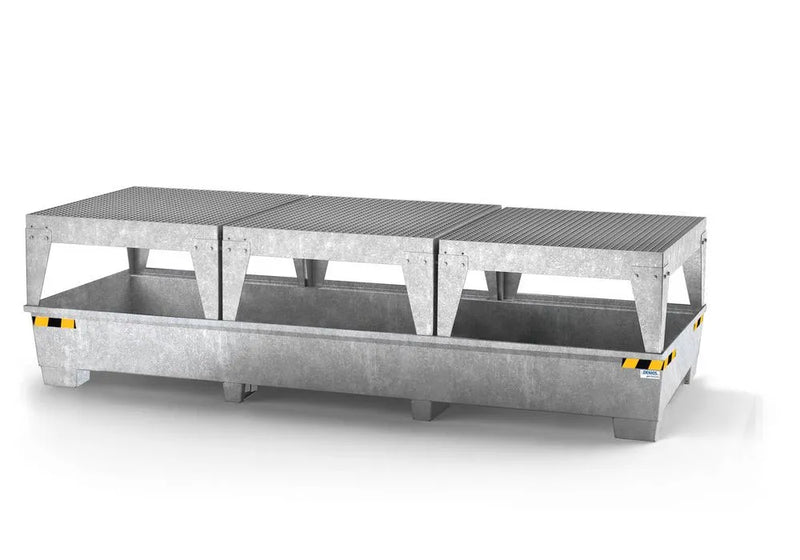Light Gray Spill Pallet Pro-Line In Steel For 3 IBCs, Galvanised, 3 Dispensing Platforms