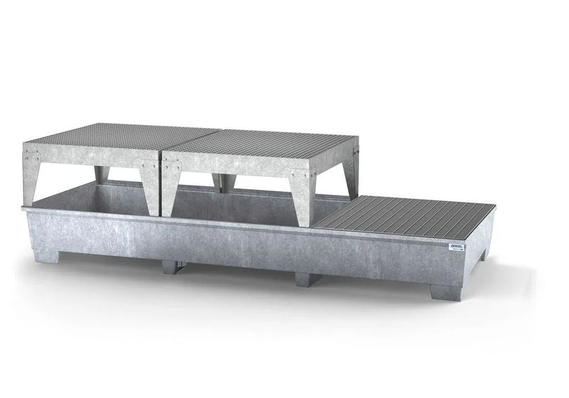 Gray Spill Pallet Classic-Line In Steel For 3 IBCs, Galvanised, 2 Dispensing Platforms and 1 Grid