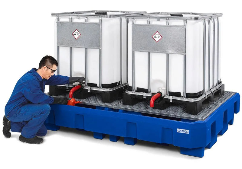 Midnight Blue Spill Pallet Classic-Line In Polyethylene (PE) For 2 IBCs, With Dispensing Area and Galvanised Grid