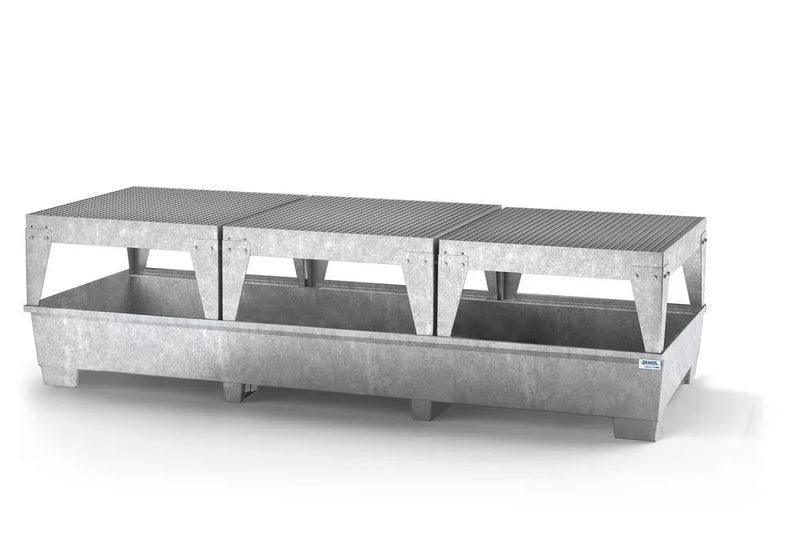 Light Gray Spill Pallet Classic-Line In Steel For 3 IBCs, Galvanised, 3 Dispensing Platforms
