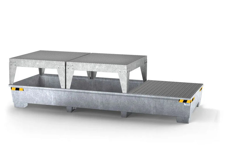Gray Spill Pallet Pro-Line In Steel For 3 IBCs, Galvanised, 2 Dispensing Platforms and 1 Grid