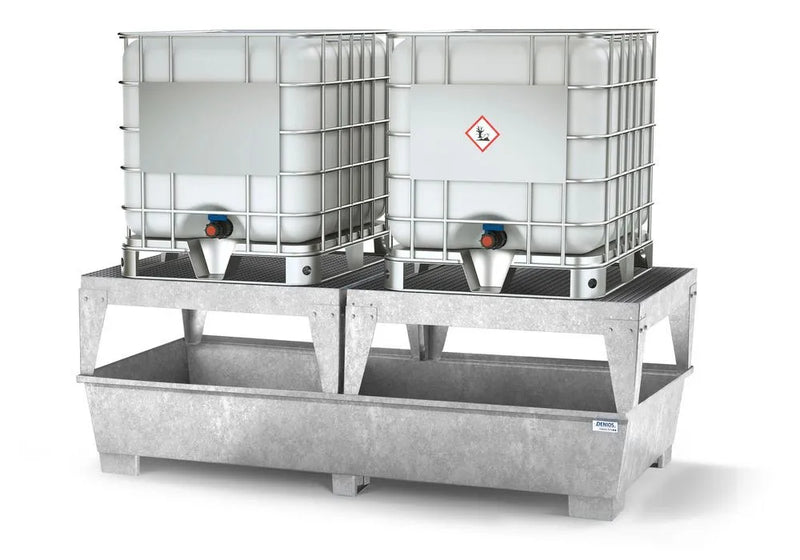 Light Gray Spill Pallet Classic-Line In Steel For 2 IBCs, Galvanised, With 2 Dispensing Platforms