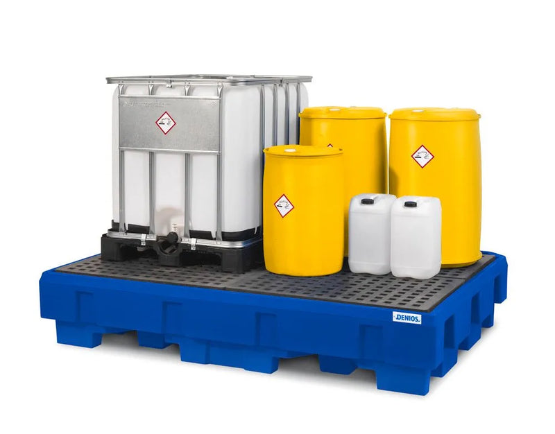 Midnight Blue Spill Pallet Classic-Line In Polyethylene (PE) For 2 IBCs, With Dispensing Area and PE Grid