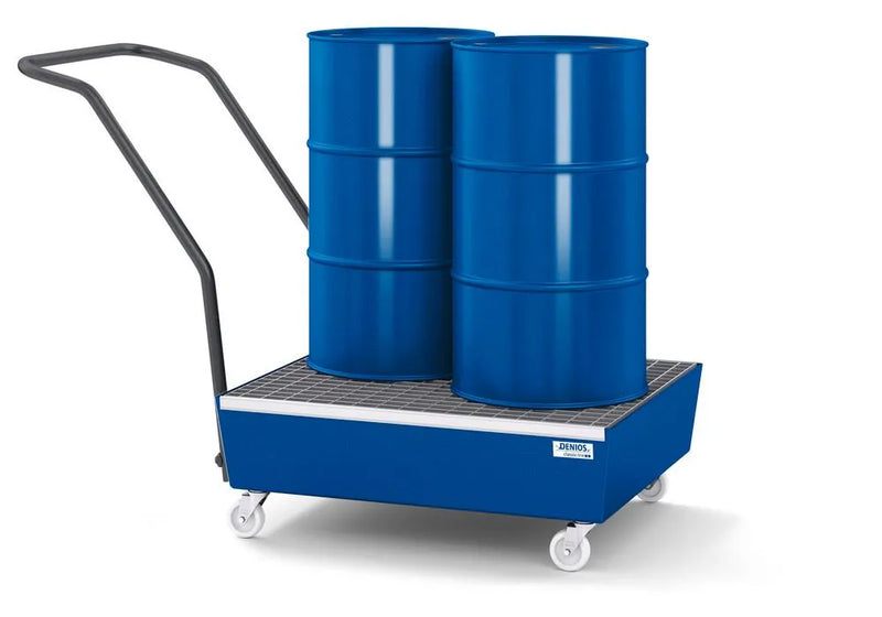 Dark Slate Blue Mobile Spill Pallet Classic-Line In Steel For 2 x 60 l Drums, Painted, With Grid