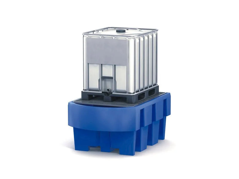 Dark Slate Blue Spill Pallet Classic-Line In Polyethylene (PE) For 1 IBC, With Dispensing Area and Galvanised Grid