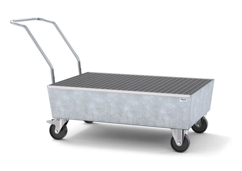 Gray Mobile Spill Pallet Pro-Line In Steel For 2 x 205 l Drums, Galvanised, With Grid, Elec. Cond.