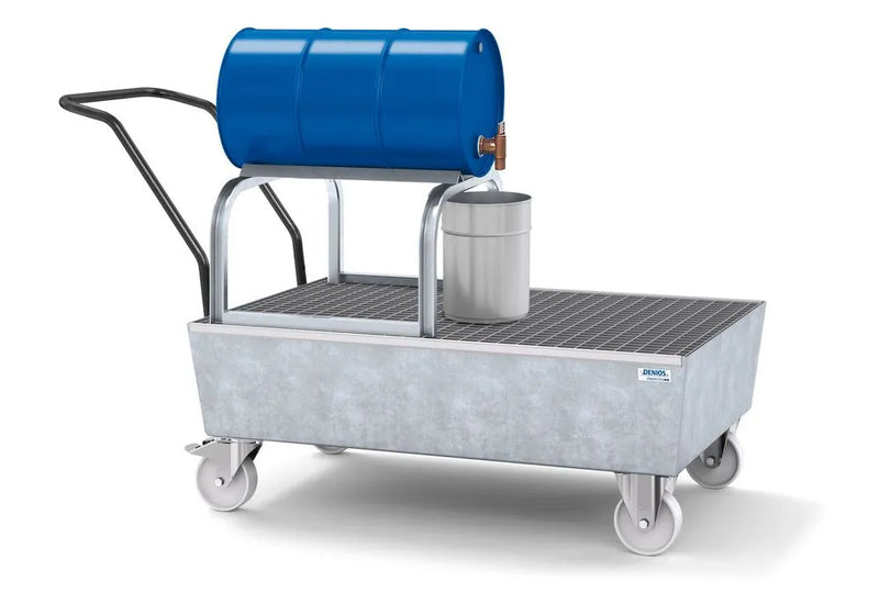 Gray Mobile Spill Pallet Classic-Line In Steel For 1 x 205 l Drum, Galvanised, With Grid and Drum Support