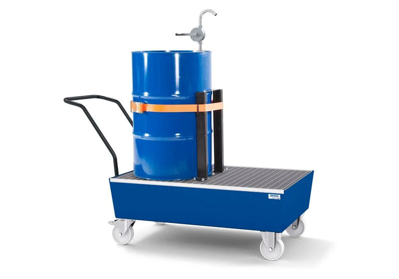 Light Gray Mobile Spill Pallet Classic-Line In Steel For 2 x 205 l Drum, Painted, With Transport Safety Device
