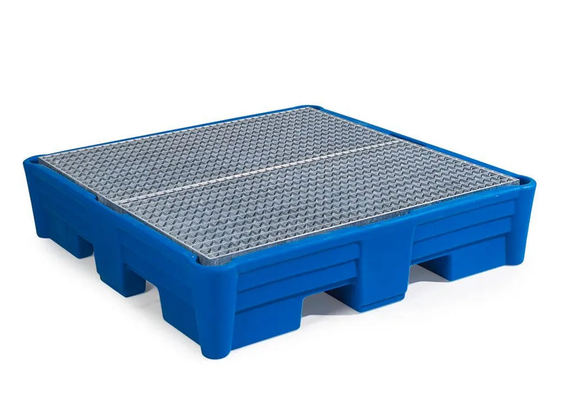 Steel Blue Spill Pallet Classic-Line In Polyethylene (PE) For 4 Drums, With Galvanised Grid