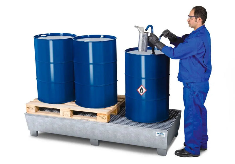 Gray Spill Pallet Classic-Line In Steel For 3 Drums, Galv., Accessible Underneath With Grid