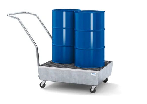Light Gray Mobile Spill Pallet Pro-Line In Steel For 2 x 60 l Drums, Galvanised, With Grid, Elec. Cond.