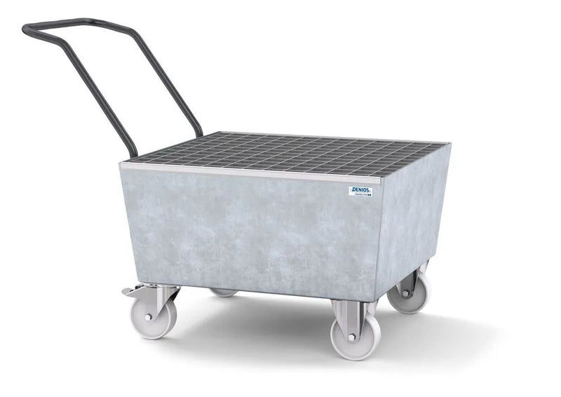 Gray Mobile Spill Pallet Classic-Line In Steel For 1 x 205 l Drum, Galvanised, With Grid