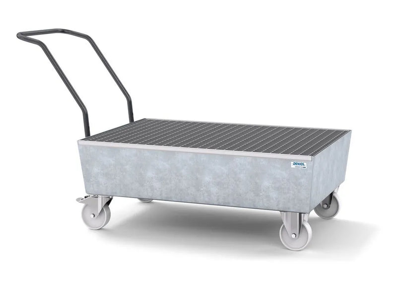 Gray Mobile Spill Pallet Classic-Line In Steel For 2 x 205 l Drums, Galvanised, With Grid