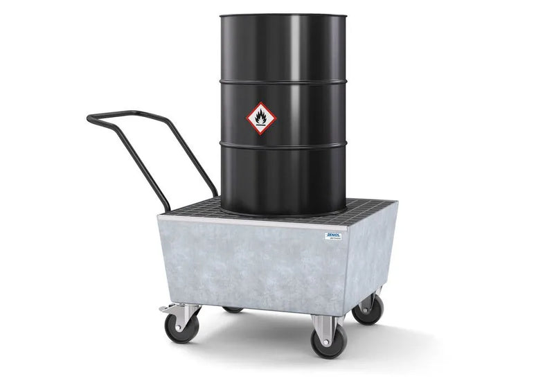 Gray Mobile Spill Pallet Pro-Line In Steel For 1 x 205 l Drum, Galvanised, With Grid, Elec. Cond.