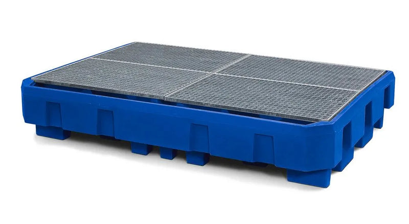 Dark Slate Blue Spill Pallet Classic-Line In Polyethylene (PE) For 2 IBCs, With Dispensing Area and Galvanised Grid