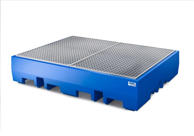 Steel Blue Spill Pallet Classic-Line In Polyethylene (PE) For 4 Drums, With Galvanised Grid