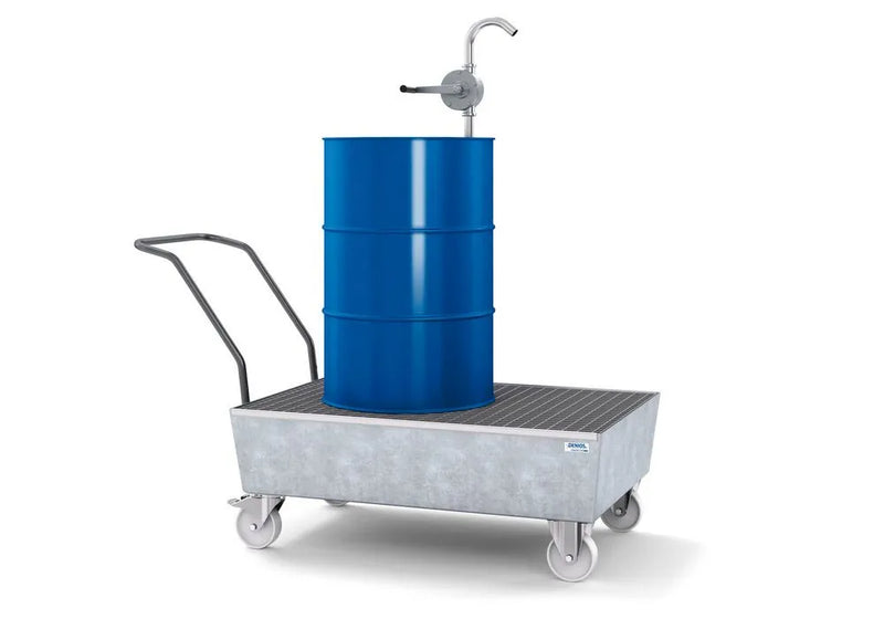 Gray Mobile Spill Pallet Classic-Line In Steel For 2 x 205 l Drums, Galvanised, With Grid