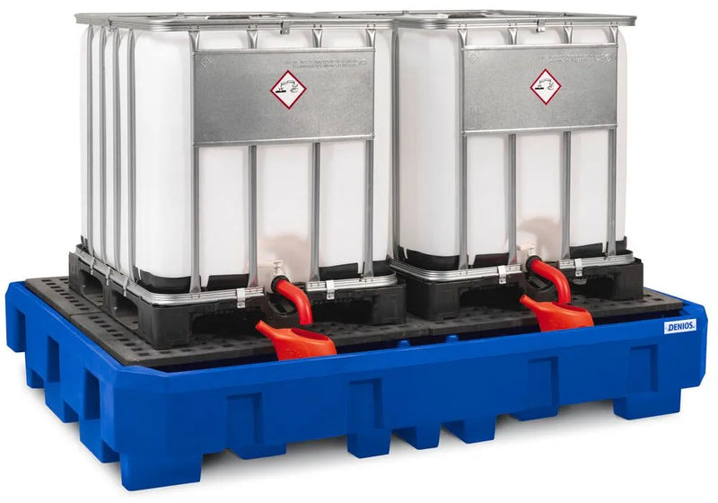 Midnight Blue Spill Pallet Classic-Line In Polyethylene (PE) For 2 IBCs, With Dispensing Area and PE Grid