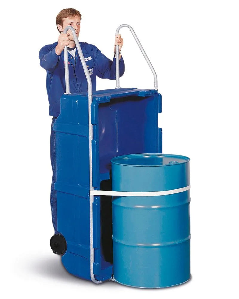 Dark Cyan Bunded Drum Trolley, Polyethylene, Handle & Safety Straps, For 205 Litre Drums, 225 Litre Capacity